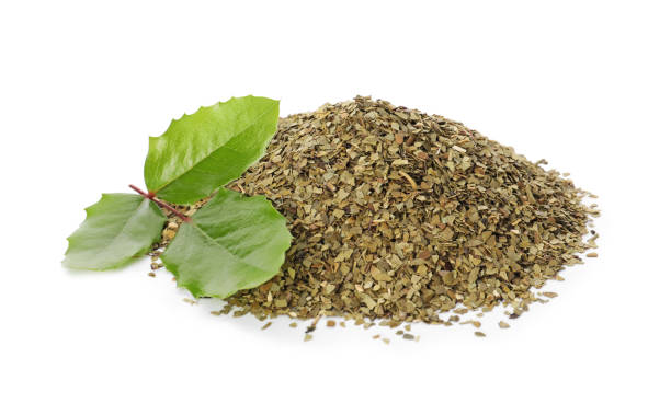 istock Pile of aromatic mate tea and fresh leaves on white background 1490782662