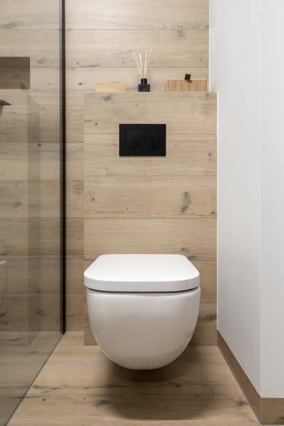 istock wall mounted toilet in modern restroom at hotel 1490782667