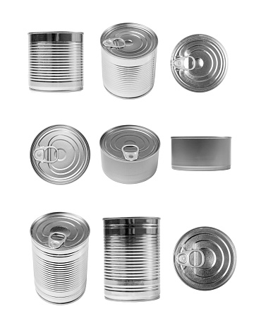 Tin Can Isolated, Preserve Template Mockup, Metal Milk Package Collection, Aluminum Cylindrical Container, Tin Can Set on White Background