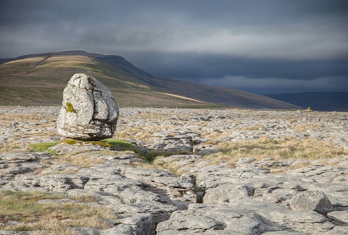 Magnificent view of the mountain stone idols. Northern Ural, Russia Plateau Manpupuner. Postcard travel memories.