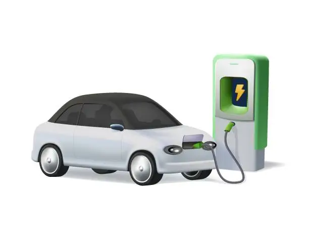 Vector illustration of 3D modern electric smart suv car charging parking at the charger station with a plug cable. Isolated 3D cartoon vector