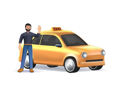 3D Smiling young taxi driver near his car. Taxi service. Vector illustration in 3D cartoon style. Yellow taxi car with roof sign on white background