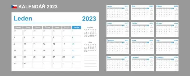 Vector illustration of Czech calendar for 2023. Week starts on Monday. Simple vector template. Business design planner.