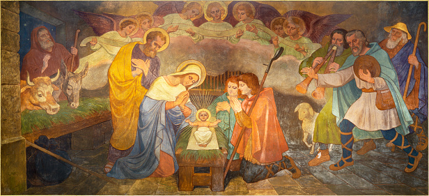 Bern - The fresco of Nativity - Adoration of Shepherds in the church Dreifaltigkeitskirche by August Müller from beginn of 20. cent.