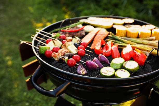 istock Delicious grilled vegetables on barbecue grill outdoors, closeup 1490791781