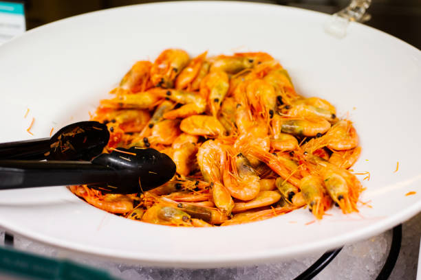 shrimps. sea food. buffet on a cruise ship - prepared shellfish tray variation catch of fish imagens e fotografias de stock