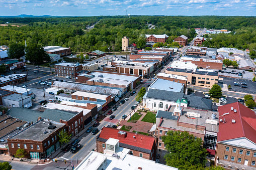 Aerial View of Buildings on Main Street in Farmville Virginia on a Sunny Day Looking North
