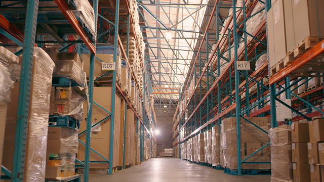 Warehouse, shipping industry and business logistics of interior for transport, delivery or courier services. Manufacturing or store depot for cargo export or import products and supply chain packages
