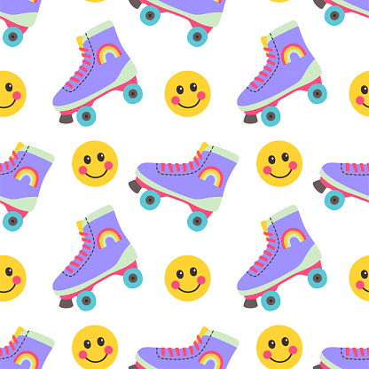 90s seamless pattern with  roller skates on white background. Vector background with stickers, pins, patches in cartoon 80s 90s pop art comic style.