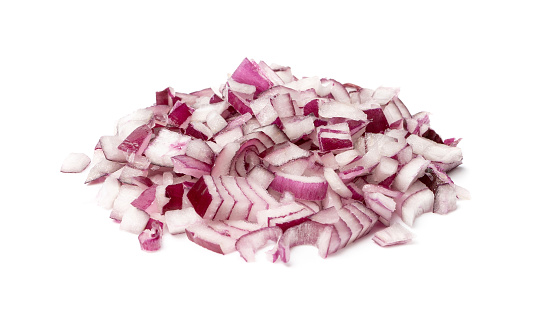 Red Onion Cuts Isolated, Chopped Purple Onion Pile, Raw Purple Onion Pieces on White Background