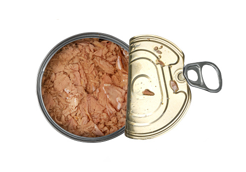 Canned Tuna Isolated, Albacore Fish Chunks in Open Tin Can, Tuna Oil Preserve, Seafood Conserve on White Background Top View, Clipping Path