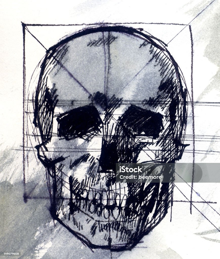 Pen Drawing of Human Frontal Skull Bone Fracture stock illustration