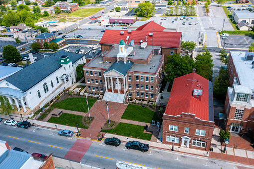 Farmville Virginia - May 6 2023: Aerial View of the Prince Edward County Courthouse and Main Street in Farmville Virginia