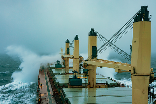Hard moments of giant cargo ship, cargo ship caught in storm