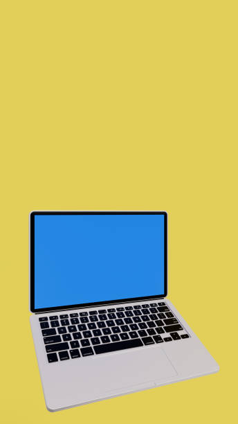 istock 3d illustration of silver colored computer and blue colored screen, yellow stage 1490801618