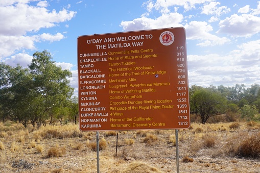 Barringun, NSW, Australia, April 27, 2023.\nThe Mitchell Highway is an outback highway running through parts of Queensland and New South Wales and the sign advises travellers of attractions on the way North