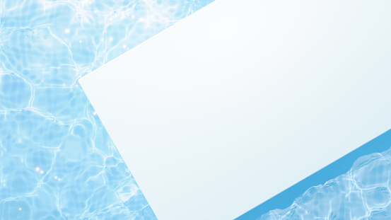 3D Illustration.Water surface reflecting light and white cubic base. (Overhead view) (Horizontal)