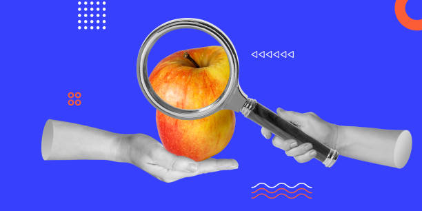 虫眼鏡の後ろにリンゴを手に。品質管理。品質管理、検査、または慎重な検査に関連するプロジェクトのためのリンゴの複雑な詳細を明らかにする虫眼鏡。アートコラージュ - loupe quality control magnification glass ストックフォトと画像