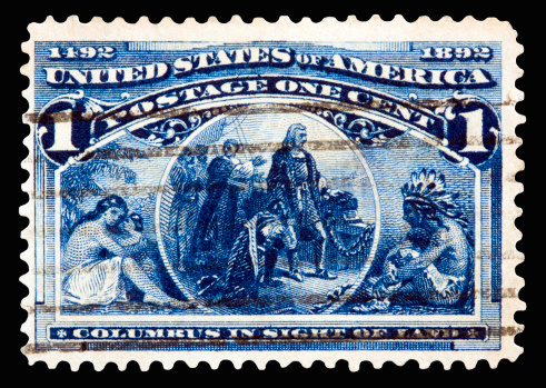 A 1893 issued 1 cent United States postage stamp showing Columbus in Sight of Land.