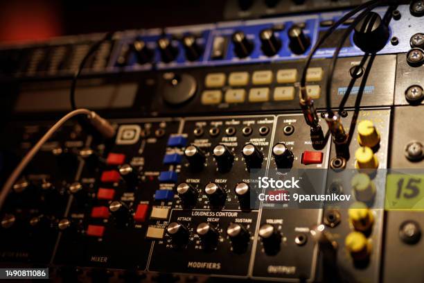 Sliders And Knobs At An Audio Mixing Console Stock Photo - Download Image Now - Analog, Arts Culture and Entertainment, Audio Equipment