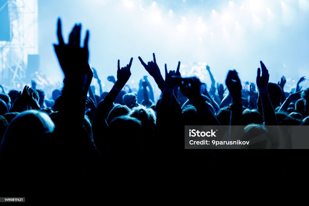 People with raised hands at a music concert. Fans in concert hall. People with raised hands at a music concert. Fans in a concert hall Rock Music Stock Photo