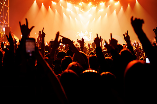 People with raised hands at a music concert. Fans in a concert hall