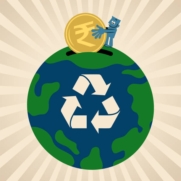 En el concepto de negocios sostenibles, crecimiento de un fondo Eco Earth limpio y protección del medio ambiente, el hombre azul pone dinero en el planeta Tierra con un símbolo de reciclaje. - ilustración de arte vectorial