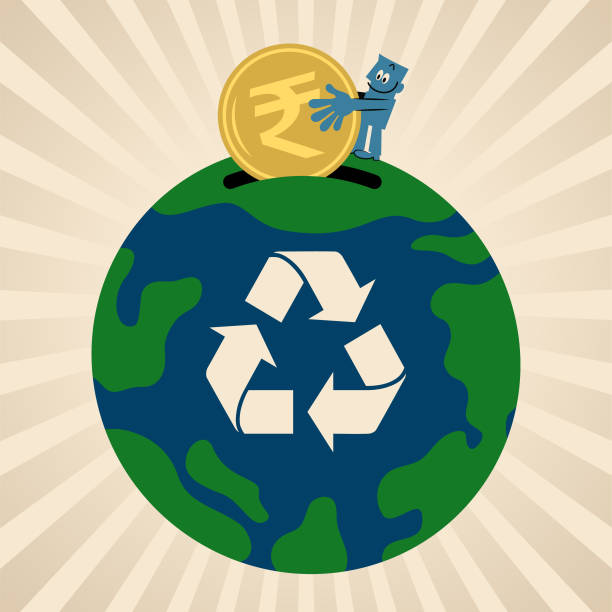 In the concept of sustainable business, growing a clean Eco Earth fund, and environmental protection, the blue man puts money into the planet Earth with a recycling symbol Characters Design Vector Art Illustration.
Slide or landing page layout.
In the concept of sustainable business, growing a clean Eco Earth fund, and environmental protection, the blue man puts money into the planet Earth with a recycling symbol. climate change money stock illustrations