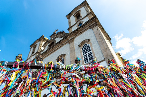 Salvador, Bahia, Brazil - January 06, 2023: Detail of part of the railing and church of Senhor do Bonfim, in Salvador, Bahia.