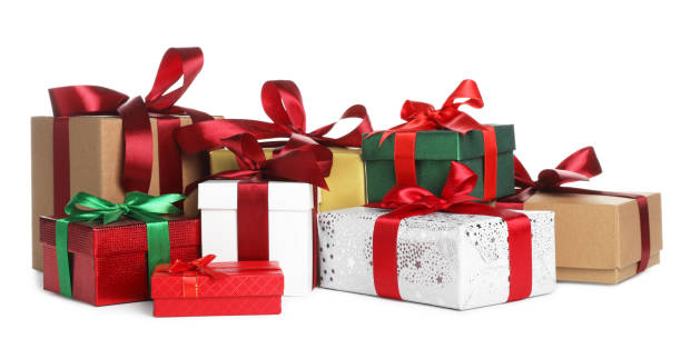 istock Different Christmas gifts in boxes on white background 1490813791