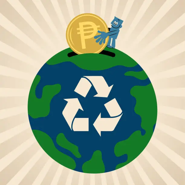 Vector illustration of In the concept of sustainable business, growing a clean Eco Earth fund, and environmental protection, the blue man puts money into the planet Earth with a recycling symbol