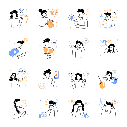 Create a sense of empathy, understanding, and connection with our anxiety illustration set. The collection features a range of scenes related to mental health and anxiety disorders and conveys the feelings and experiences of those suffering from them.