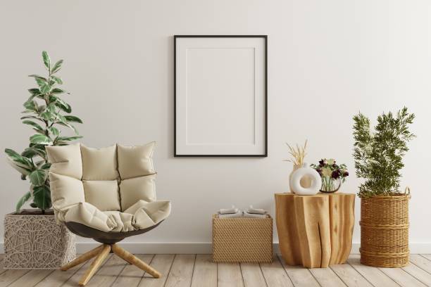 istock Poster mockup with vertical frames on empty white wall in living room interior with velvet armchair. 1490817969