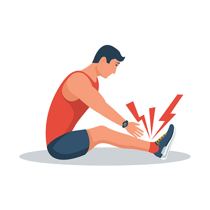 Sports injury, injured ankle. The runner injured their leg. Physical trauma. The athlete, a man sits bent over a tendon stretch. Vector illustration flat design. Isolated on white background.