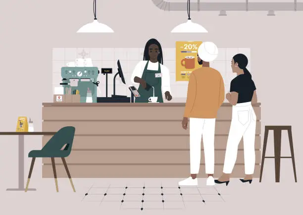 Vector illustration of A young bartender serving coffee to a couple at the coffeeshop counter, morning rituals and modern lifestyle