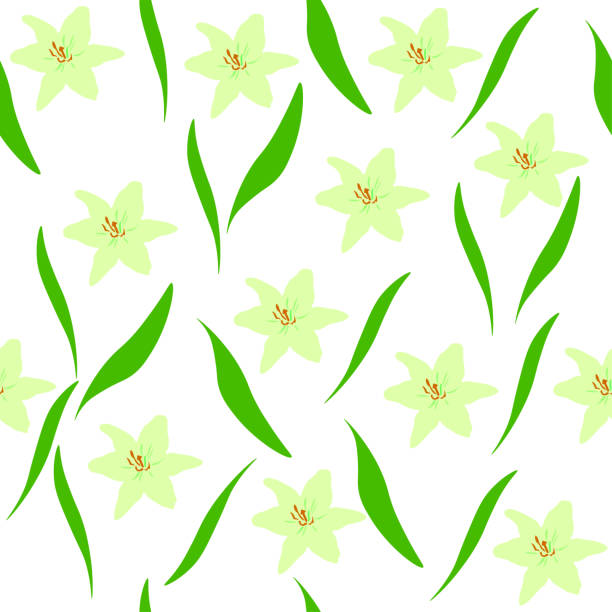 ilustrações de stock, clip art, desenhos animados e ícones de seamless pattern yellow lilies, green leaves on white background. girls drawn spring floral repetition print, vector eps 10 - easter lily lily white backgrounds