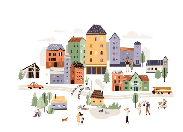 Vector illustration of City life scene with people vector illustration. Flat modern town background with happy rest family. Ecology nature cityscape with man, woman, children, dog
