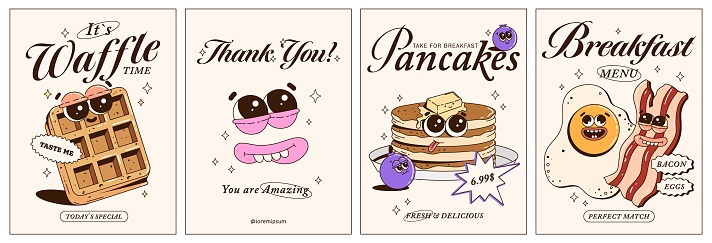 Trendy posters with funny characters. Fresh baked, pancakes, waffles, bacon, eggs, blueberries. Branding mascots for cafe, restaurant, bar. Vector illustration.
