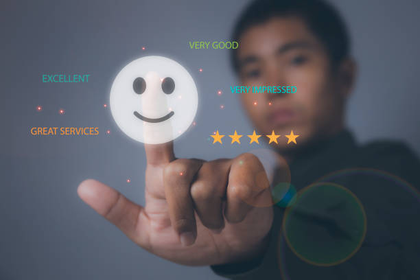istock Man hand choosing happy smile face positive mindset selection for feedback review satisfaction service. 1490831733