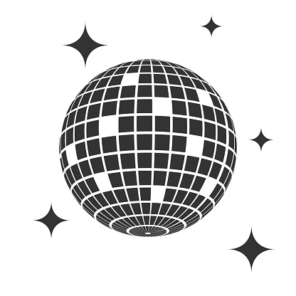 Sparkling mirror disco ball icon. Shining nightclub party sphere isolated on white background. Dance music event discoball. Mirrorball in 80s discotheque style. Nightlife symbol. Vector illustration
