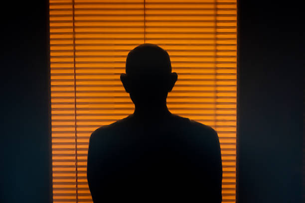 A man's shadow A man's shadow is projected onto a wall and window blinds at sunrise. dark window blinds stock pictures, royalty-free photos & images