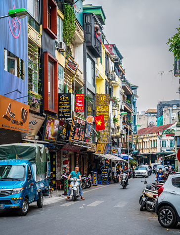 Hanoi, Vietnam, November 15, 2022: Busy street scene in French Quarter of Hanoi.