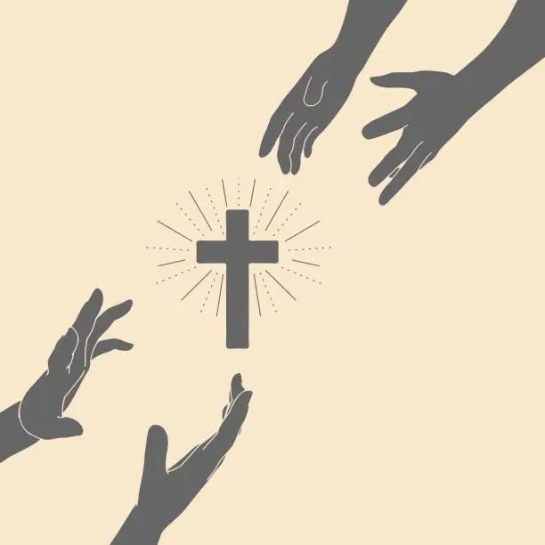 Vector illustration of Human hands reaching out to one another, almost touching. Help, religion and love concept. Cross icon between hands