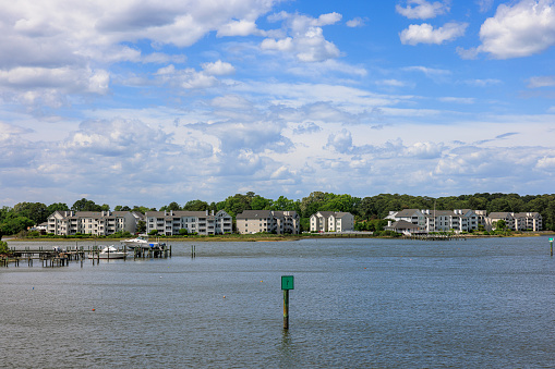 Townscape on Hampton River, view from E Pembroke Ave of Hampton, Virginia. USA