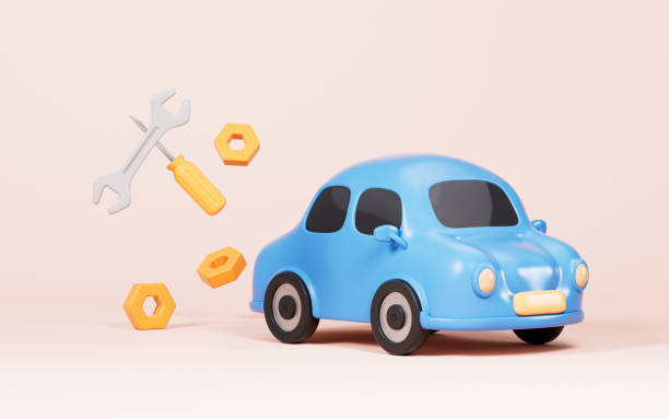 istock Car repair with spanner on the yellow background, automobile maintenance, 3d rendering. 1490837406