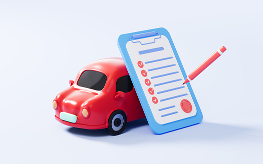 Cartoon car and contract on the blue background, 3d rendering. Digital drawing.