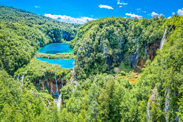 istock Paradise waterfalls of Plitvice lakes national park panoramic view 1490838478