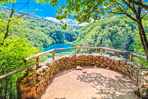 Paradise waterfalls of Plitvice lakes national park panoramic viewpoint, Croatia
