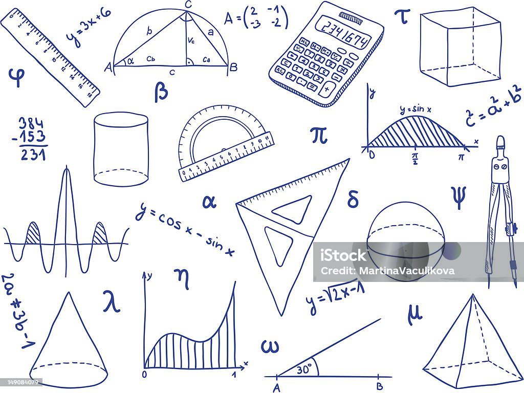 Matemática, material escolar, formas geométricas e expressões - Vetor de Símbolo Matemático royalty-free