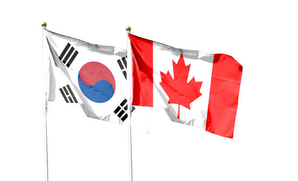 istock South Korea flag and Canada flag. waving in the blue sky 1490846263
